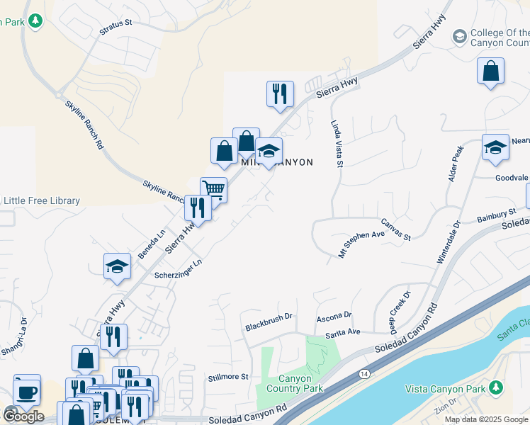 map of restaurants, bars, coffee shops, grocery stores, and more near 17706 Scherzinger Lane in Santa Clarita