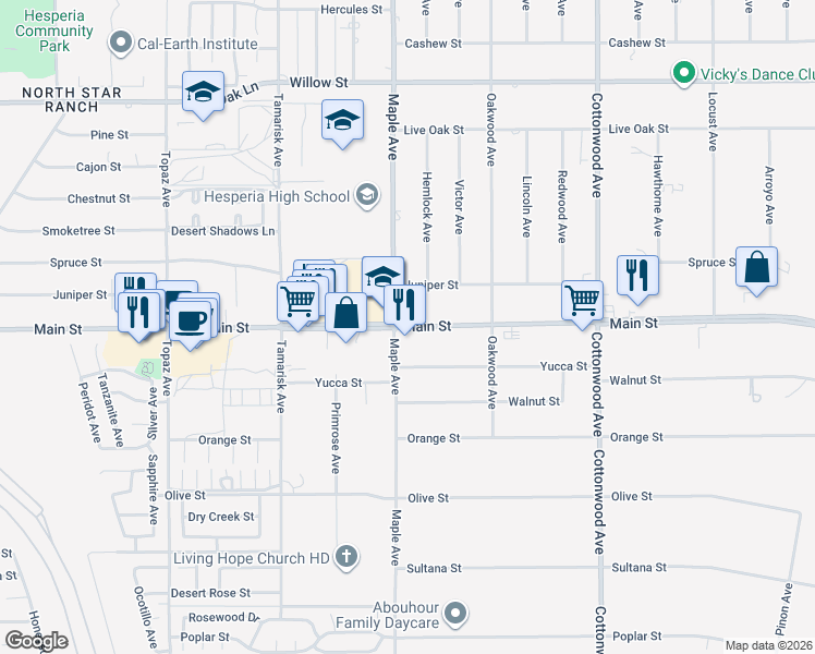 map of restaurants, bars, coffee shops, grocery stores, and more near 14550 Main Street in Hesperia