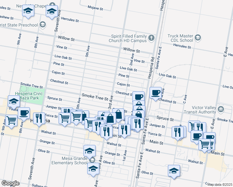 map of restaurants, bars, coffee shops, grocery stores, and more near 16429 Chestnut Street in Hesperia