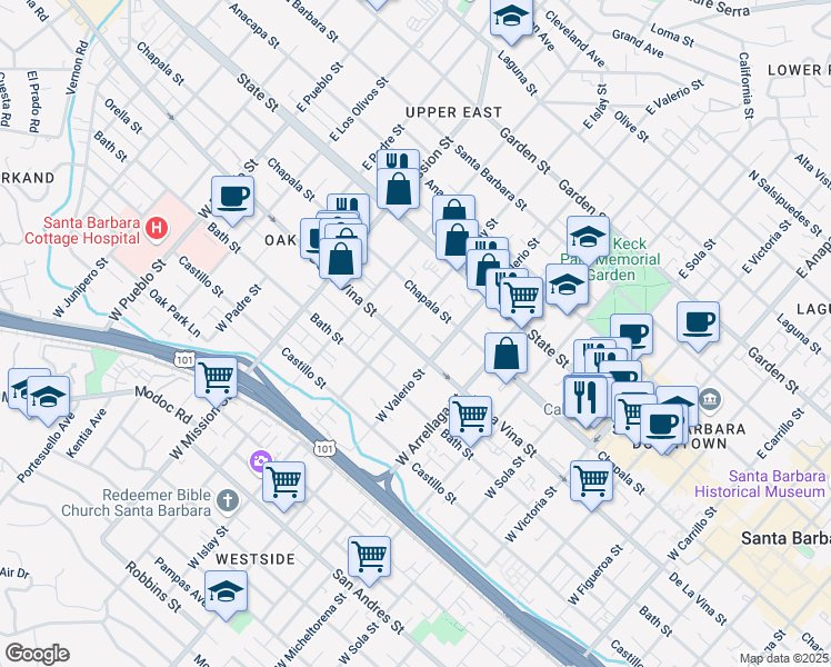 map of restaurants, bars, coffee shops, grocery stores, and more near 1718 De La Vina Street in Santa Barbara