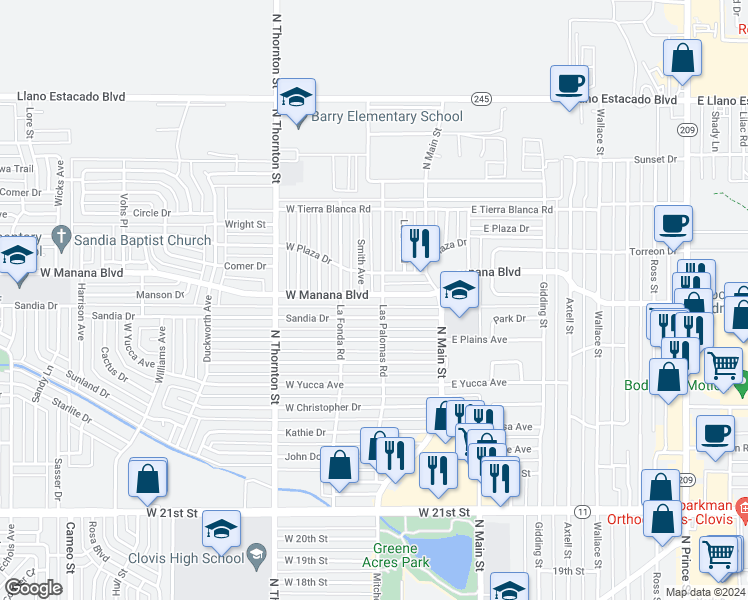 map of restaurants, bars, coffee shops, grocery stores, and more near 305 West Manana Boulevard in Clovis