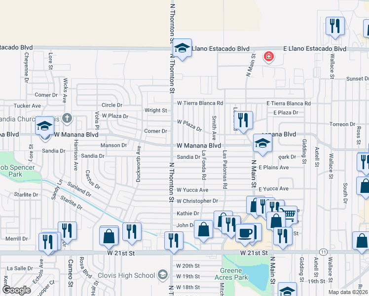 map of restaurants, bars, coffee shops, grocery stores, and more near 429 West Manana Boulevard in Clovis