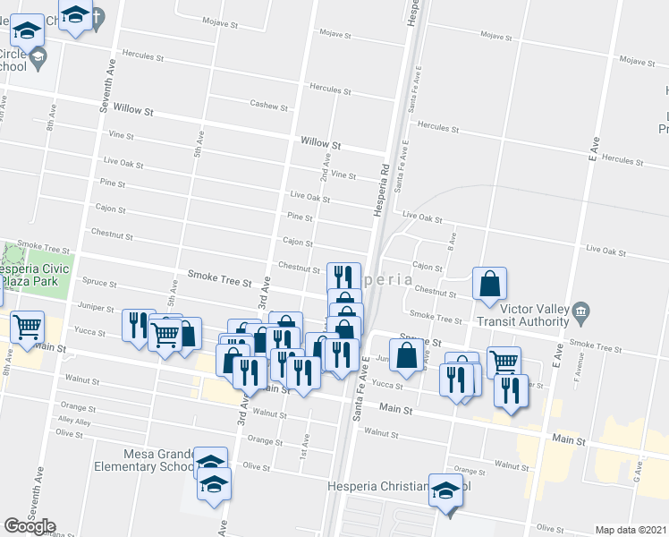 map of restaurants, bars, coffee shops, grocery stores, and more near 16526 Chestnut Street in Hesperia