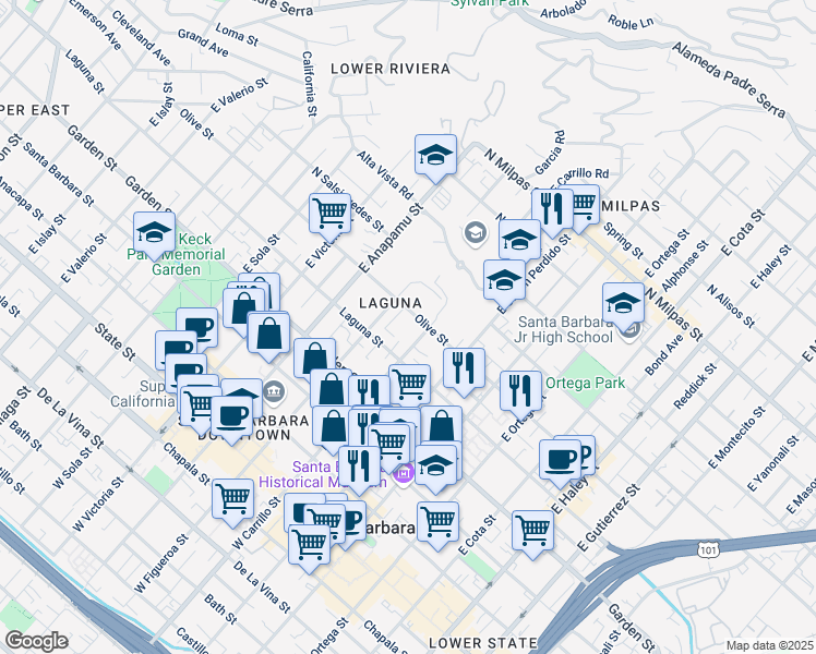 map of restaurants, bars, coffee shops, grocery stores, and more near 1011 Olive Street in Santa Barbara