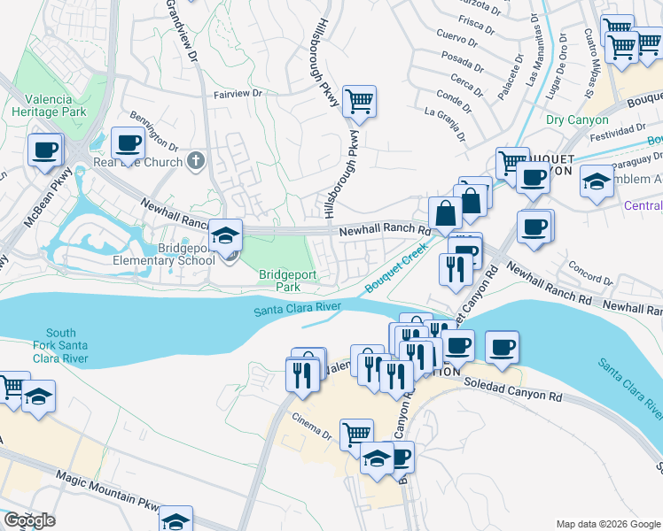 map of restaurants, bars, coffee shops, grocery stores, and more near 23420 Waterway Lane in Santa Clarita