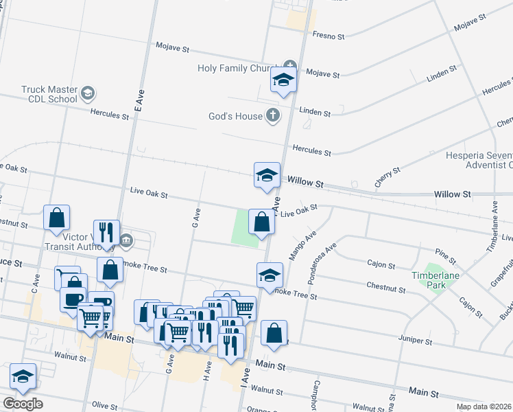 map of restaurants, bars, coffee shops, grocery stores, and more near Live Oak Street in Hesperia