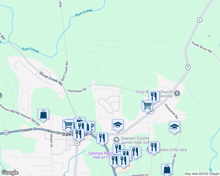 map of restaurants, bars, coffee shops, grocery stores, and more near 82 Mcgregor Lane in Dawsonville