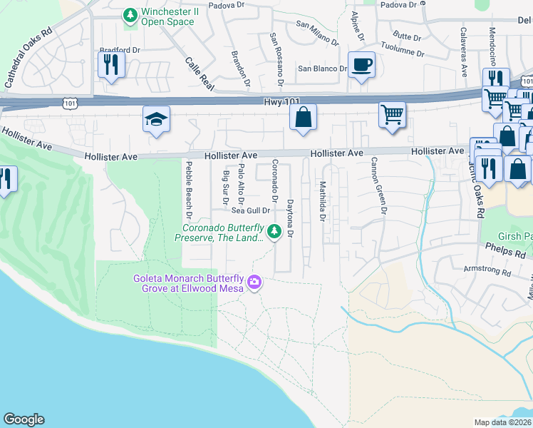 map of restaurants, bars, coffee shops, grocery stores, and more near 7519 Sea Gull Drive in Goleta