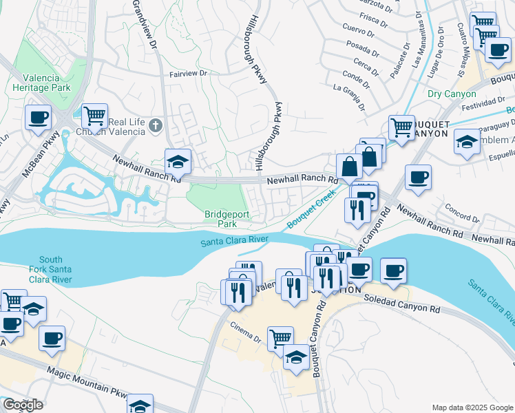 map of restaurants, bars, coffee shops, grocery stores, and more near 23420 Waterway Lane in Santa Clarita