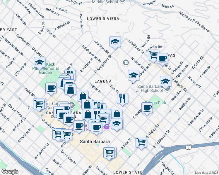 map of restaurants, bars, coffee shops, grocery stores, and more near 1007 Olive Street in Santa Barbara