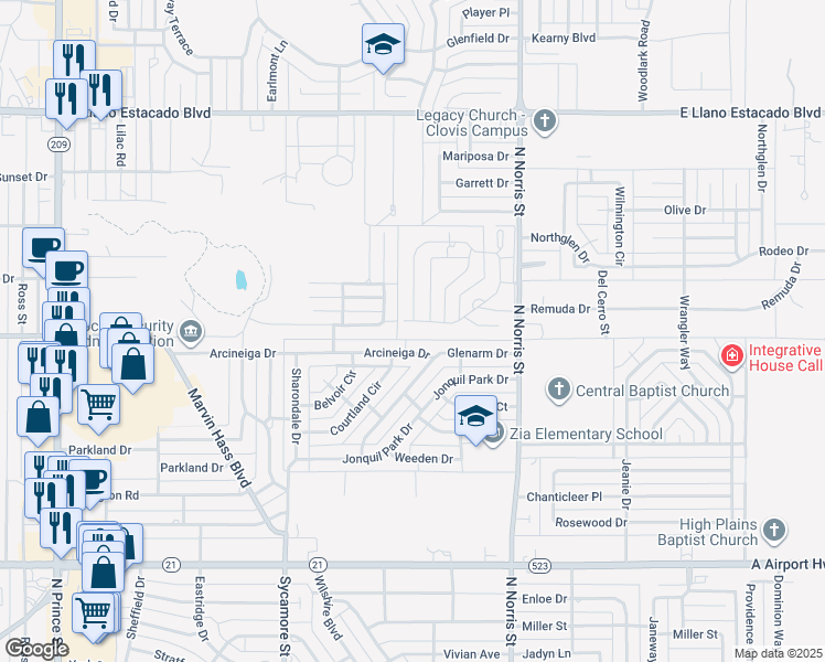 map of restaurants, bars, coffee shops, grocery stores, and more near 1912 Arcineiga Drive in Clovis