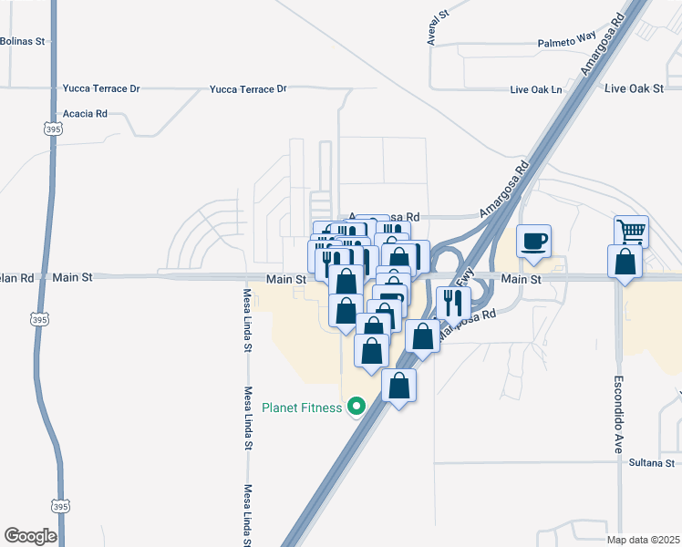 map of restaurants, bars, coffee shops, grocery stores, and more near Main Street in Hesperia