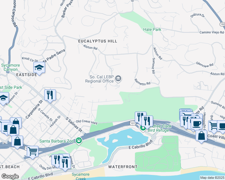 map of restaurants, bars, coffee shops, grocery stores, and more near 540 Owen Road in Santa Barbara