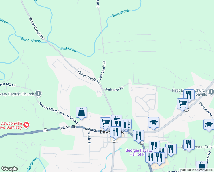 map of restaurants, bars, coffee shops, grocery stores, and more near 378 Shoal Creek Road in Dawsonville