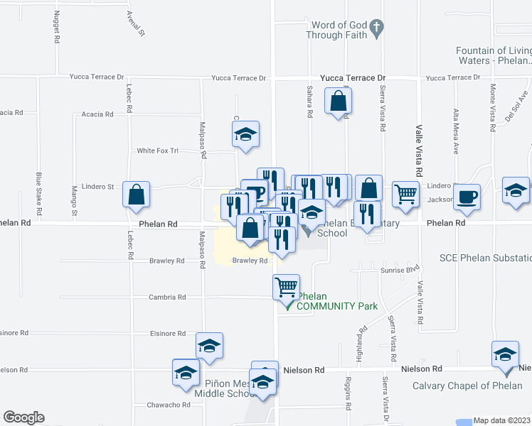 map of restaurants, bars, coffee shops, grocery stores, and more near 4074 Phelan Road in Phelan