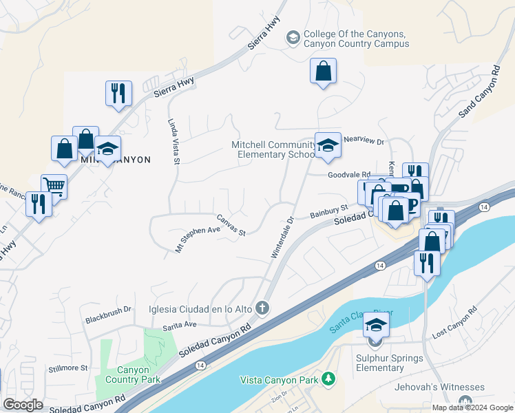 map of restaurants, bars, coffee shops, grocery stores, and more near 17023 Canvas Street in Santa Clarita