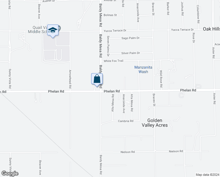 map of restaurants, bars, coffee shops, grocery stores, and more near 9760 Phelan Road in Hesperia