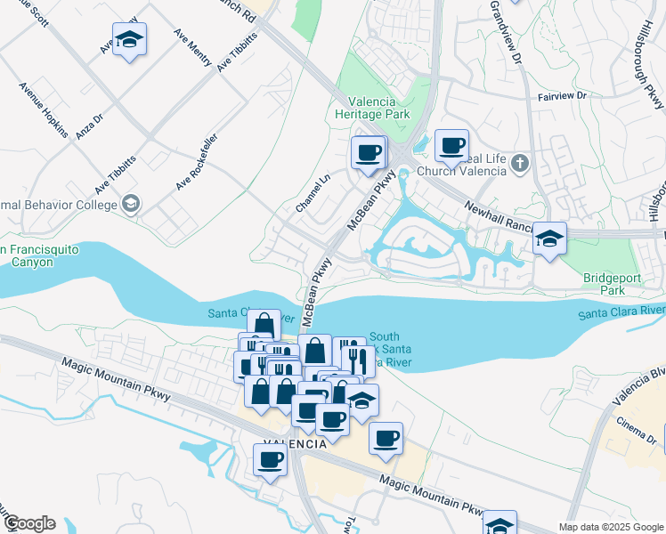 map of restaurants, bars, coffee shops, grocery stores, and more near 24016 Bridgeport Lane in Santa Clarita