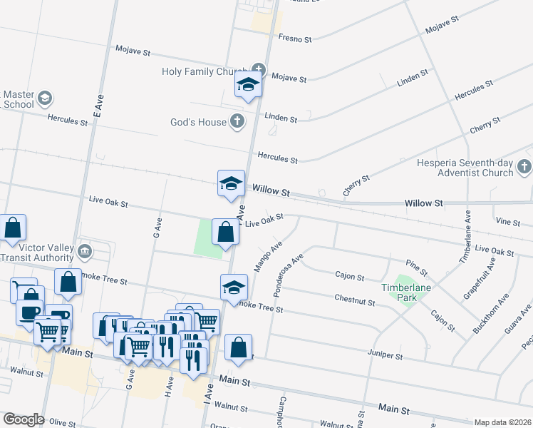 map of restaurants, bars, coffee shops, grocery stores, and more near 19101 Live Oak Street in Hesperia