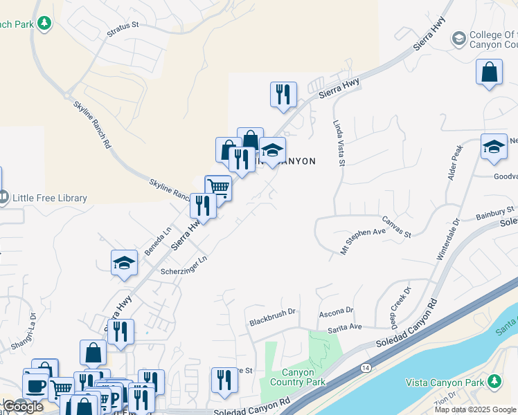 map of restaurants, bars, coffee shops, grocery stores, and more near 17740 Scherzinger Lane in Santa Clarita
