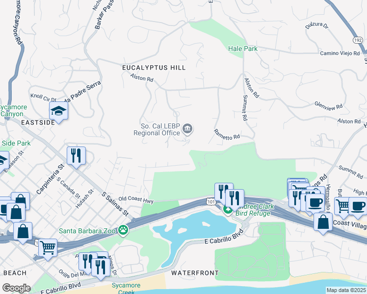 map of restaurants, bars, coffee shops, grocery stores, and more near 540 Owen Road in Santa Barbara
