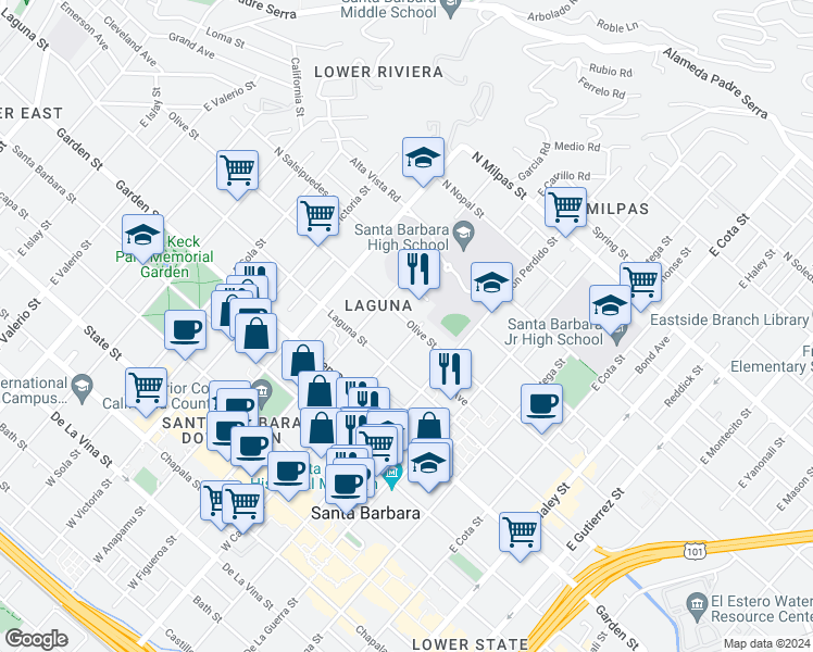 map of restaurants, bars, coffee shops, grocery stores, and more near 427 East Carrillo Street in Santa Barbara