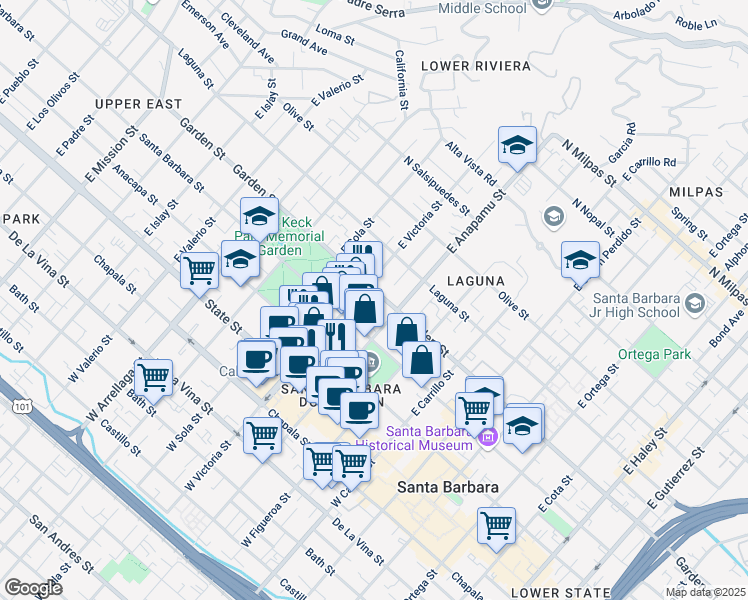 map of restaurants, bars, coffee shops, grocery stores, and more near 243 East Anapamu Street in Santa Barbara