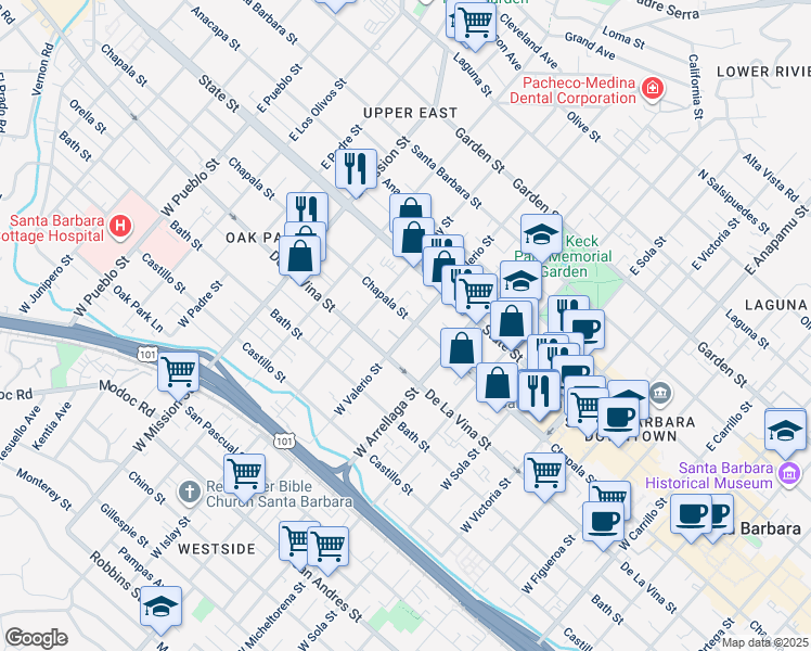 map of restaurants, bars, coffee shops, grocery stores, and more near in Santa Barbara