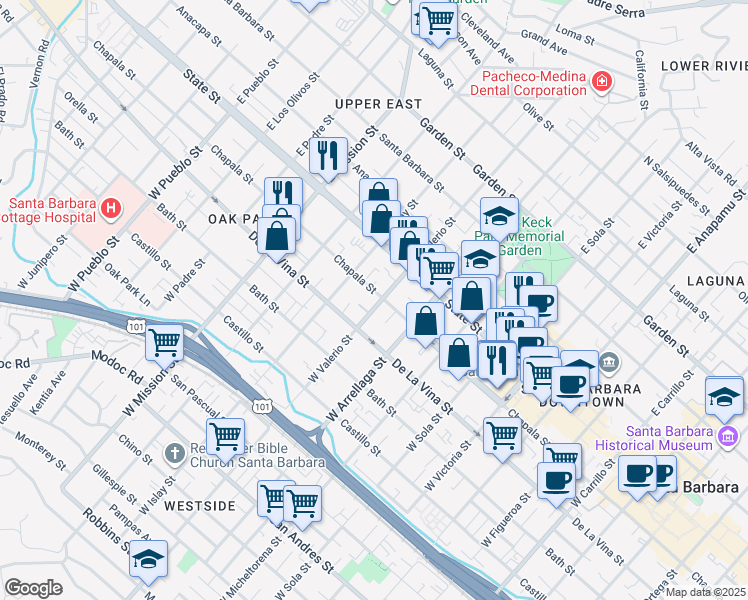 map of restaurants, bars, coffee shops, grocery stores, and more near in Santa Barbara