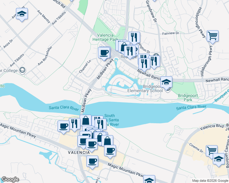 map of restaurants, bars, coffee shops, grocery stores, and more near 23922 Lakeside Road in Santa Clarita