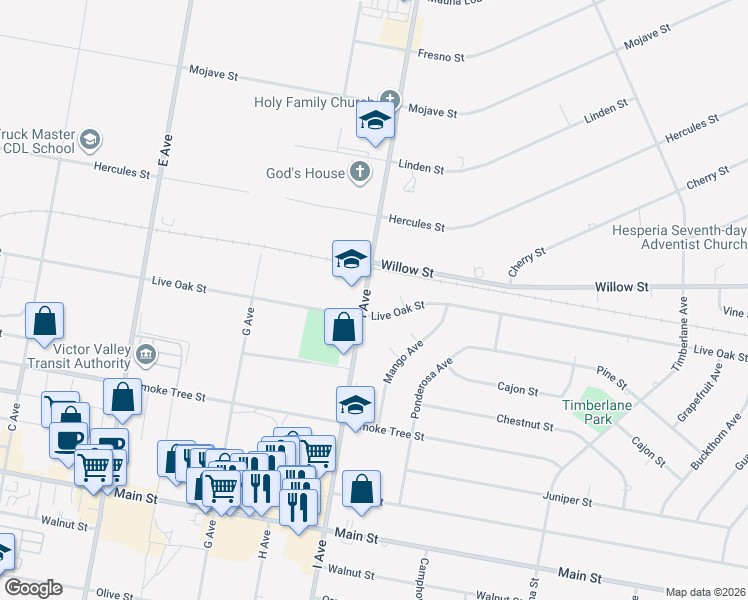 map of restaurants, bars, coffee shops, grocery stores, and more near 9677 I Avenue in Hesperia