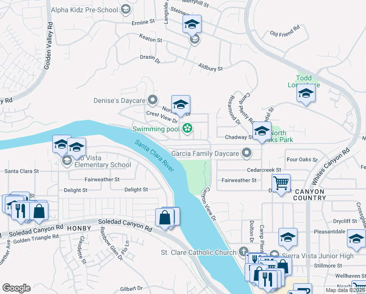 map of restaurants, bars, coffee shops, grocery stores, and more near 20033 Emerald Creek Drive in Santa Clarita