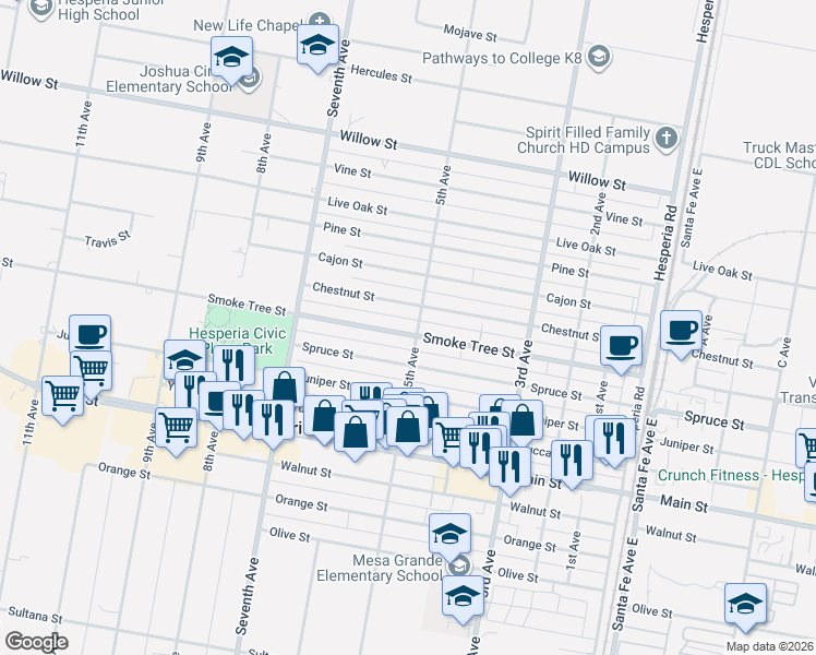 map of restaurants, bars, coffee shops, grocery stores, and more near 16150 Smoke Tree Street in Hesperia
