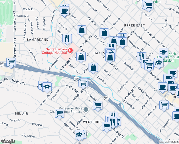 map of restaurants, bars, coffee shops, grocery stores, and more near 2027 Castillo Street in Santa Barbara