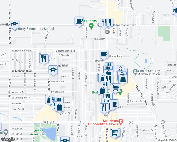 map of restaurants, bars, coffee shops, grocery stores, and more near 2803 Wallace Street in Clovis