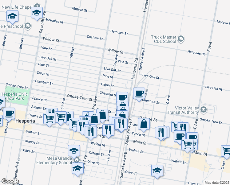 map of restaurants, bars, coffee shops, grocery stores, and more near 16492 Chestnut Street in Hesperia