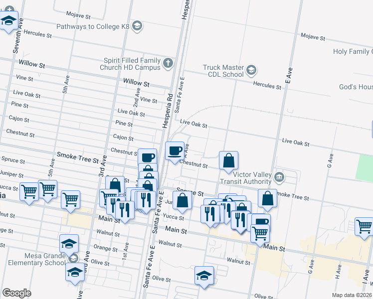 map of restaurants, bars, coffee shops, grocery stores, and more near Cajon Street in Hesperia