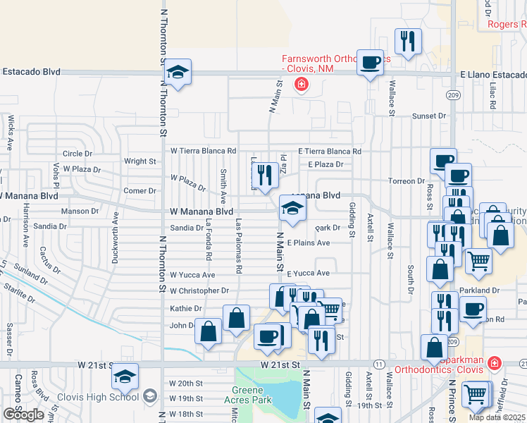 map of restaurants, bars, coffee shops, grocery stores, and more near 108 Sandia Drive in Clovis
