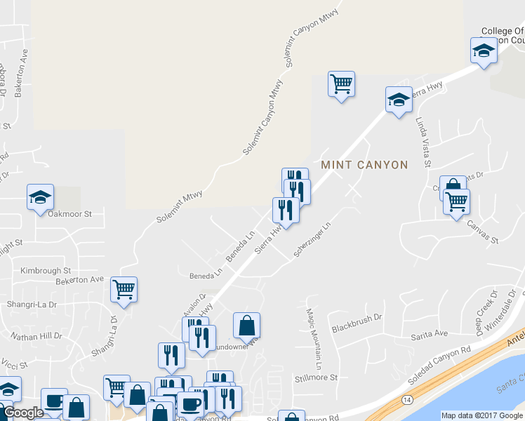 map of restaurants, bars, coffee shops, grocery stores, and more near 17861 Sierra Highway in Santa Clarita
