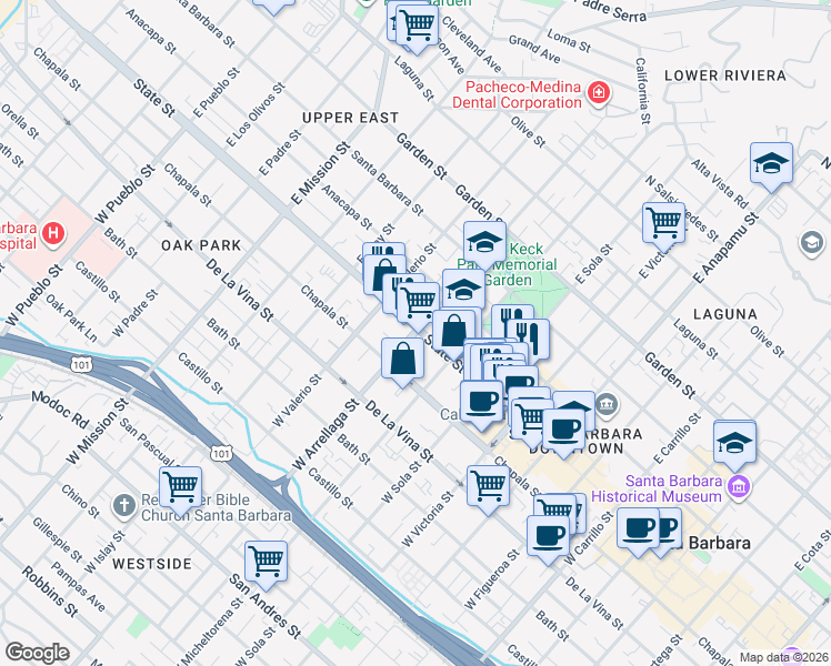 map of restaurants, bars, coffee shops, grocery stores, and more near 1515 State Street in Santa Barbara
