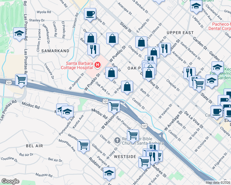 map of restaurants, bars, coffee shops, grocery stores, and more near 435 West Padre Street in Santa Barbara