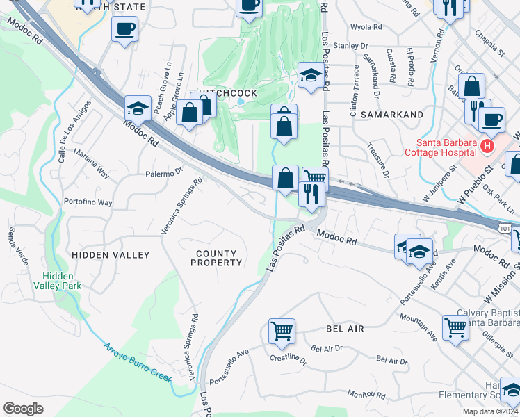 map of restaurants, bars, coffee shops, grocery stores, and more near 3558 Modoc Road in Santa Barbara