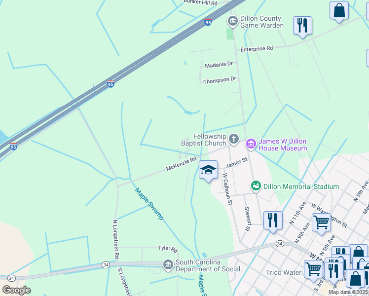map of restaurants, bars, coffee shops, grocery stores, and more near 1038-1044 McKenzie Road in Dillon