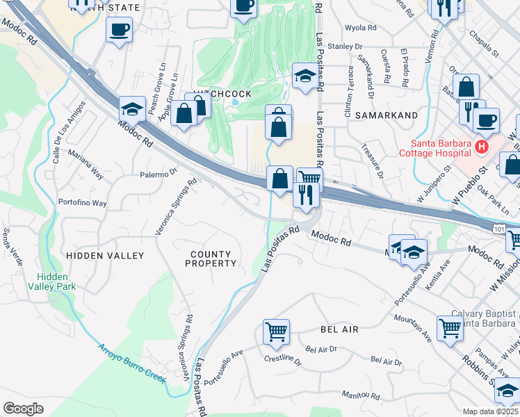 map of restaurants, bars, coffee shops, grocery stores, and more near 3558 Modoc Road in Santa Barbara