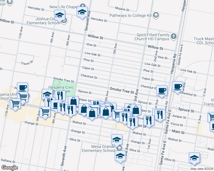 map of restaurants, bars, coffee shops, grocery stores, and more near 16150 Smoke Tree Street in Hesperia