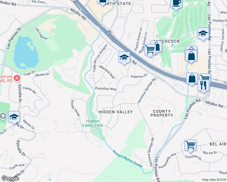 map of restaurants, bars, coffee shops, grocery stores, and more near 3701 Portofino Way in Santa Barbara