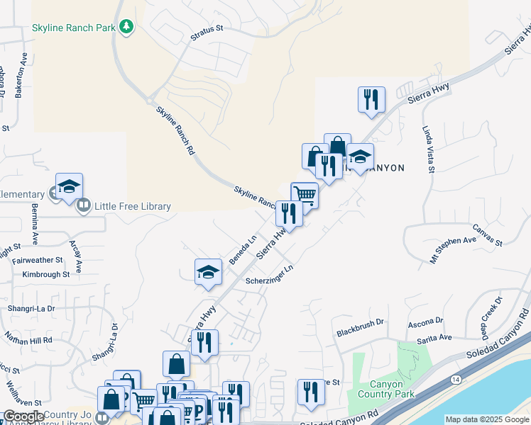 map of restaurants, bars, coffee shops, grocery stores, and more near 17847 Beneda Lane in Santa Clarita