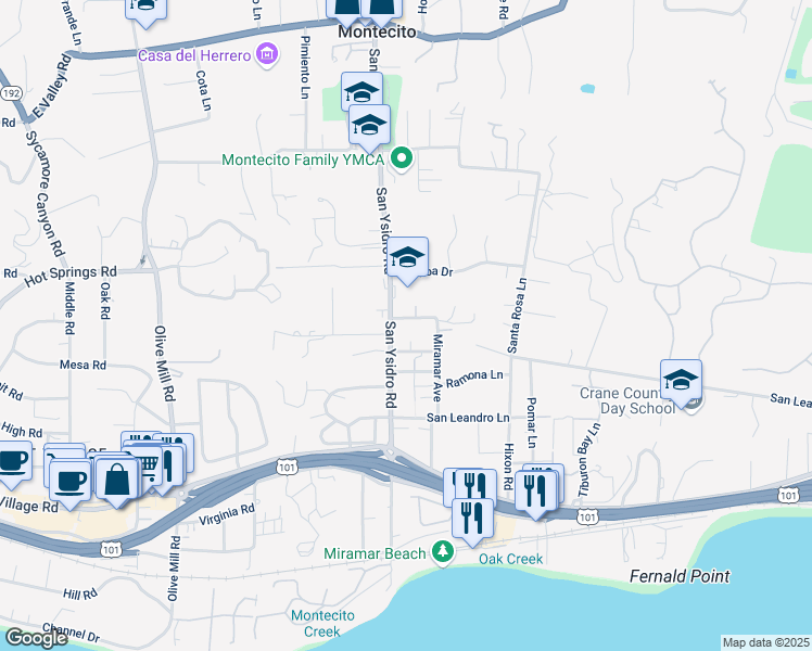 map of restaurants, bars, coffee shops, grocery stores, and more near 1510 Monte Vista Road in Montecito