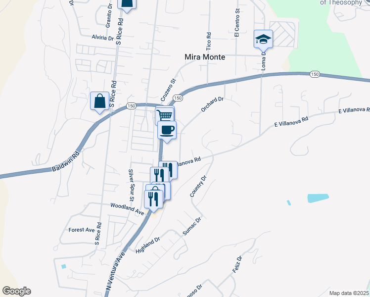 map of restaurants, bars, coffee shops, grocery stores, and more near 1724 Orchard Drive in Ojai