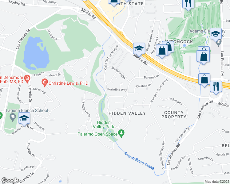 map of restaurants, bars, coffee shops, grocery stores, and more near 3729 Portofino Way in Santa Barbara